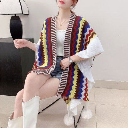 Brown Women's printed knitted cardigan cape with ruffled sleeves (Style 4) Tristar Online