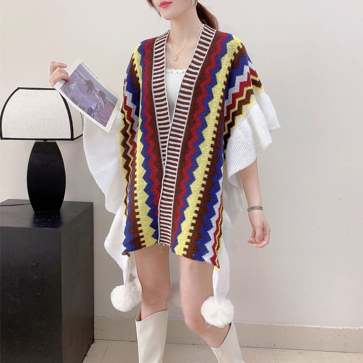 Brown Women's printed knitted cardigan cape with ruffled sleeves (Style 4) Tristar Online