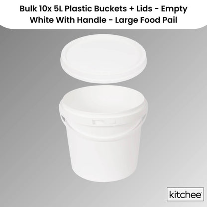 Bulk 10x 5L Plastic Buckets + Lids - Empty White With Handle - Large Food Pail