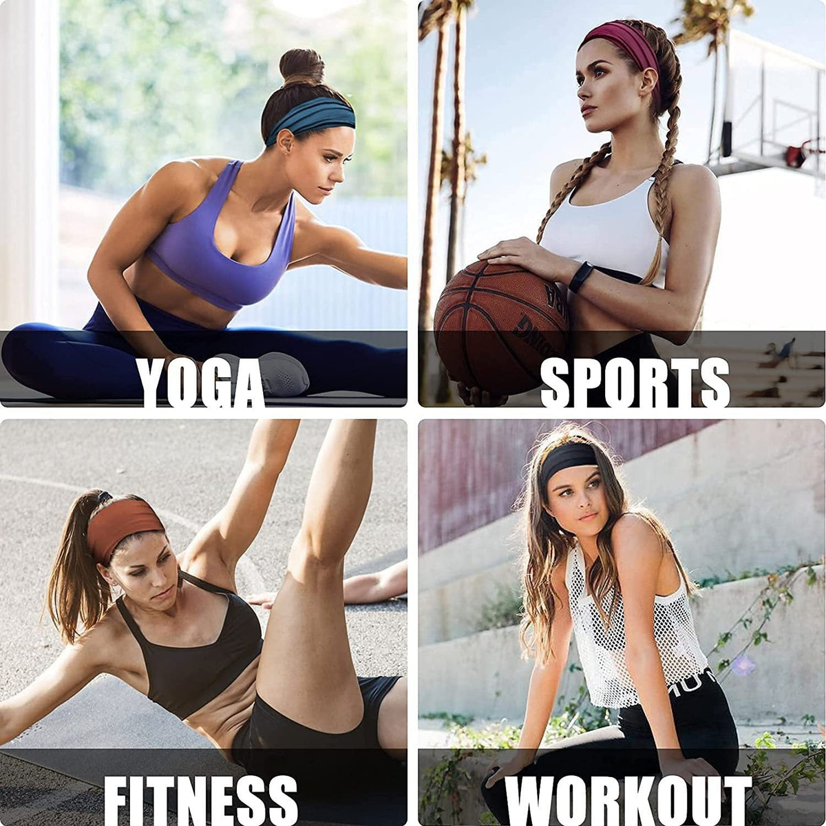 Camouflage Blue 5-Pack Wide Sports Headbands for Women - Non-Slip Yoga Headwraps with Sweat-Wicking Fabric (88% Nylon+12% Spandex) Tristar Online