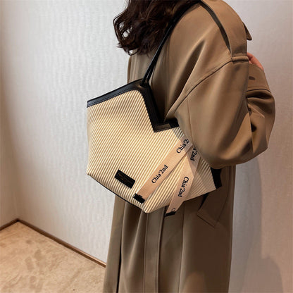 Chic Textured PU Leather Tote Bag with V-Cut Design & Decorative Ribbon Strap Accent(black) Tristar Online