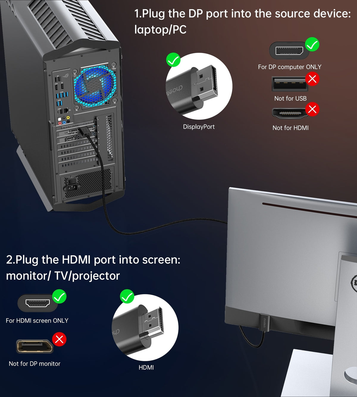 CHOETECH XDH01 4K 60Hz DisplayPort Male to HDMI Male Braided Cable 2M Tristar Online