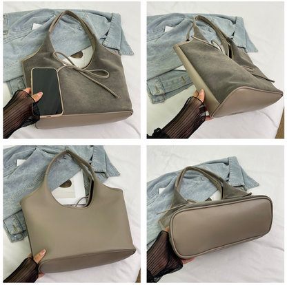 Coffee Chic Retro Suede-Finish PU Leather Tote Bag - Large Capacity Shoulder Bag with Tie Accent Tristar Online