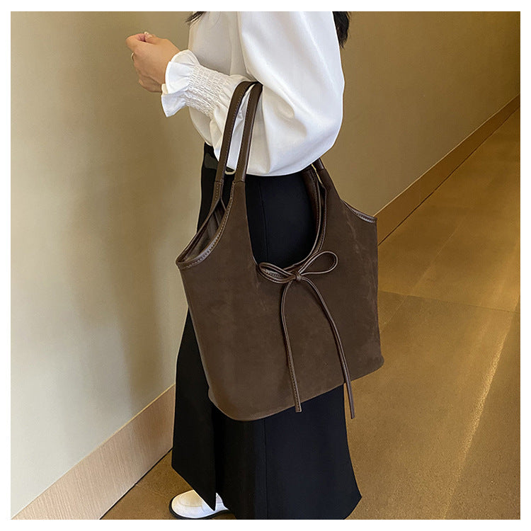 Coffee Chic Retro Suede-Finish PU Leather Tote Bag - Large Capacity Shoulder Bag with Tie Accent Tristar Online