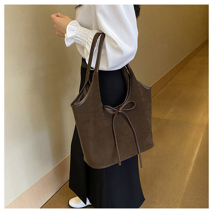 Coffee Chic Retro Suede-Finish PU Leather Tote Bag - Large Capacity Shoulder Bag with Tie Accent Tristar Online