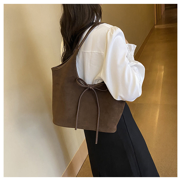 Coffee Chic Retro Suede-Finish PU Leather Tote Bag - Large Capacity Shoulder Bag with Tie Accent Tristar Online