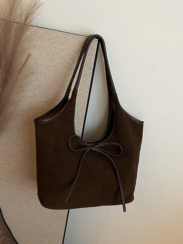 Coffee Chic Retro Suede-Finish PU Leather Tote Bag - Large Capacity Shoulder Bag with Tie Accent Tristar Online