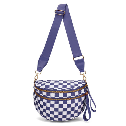 Dark Purple Checkered Trendy Sling Bag - Women's Crescent Crossbody Purse with Wide Adjustable Strap Tristar Online
