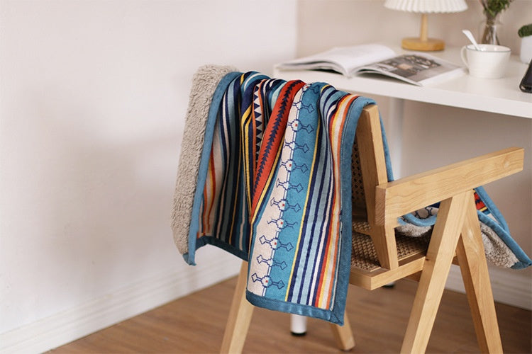 Double-Sided Geometric & Plush Throw Blanket - Warm 70x100cm Multi-Use Wrap(Color stripes/Back side light brown)