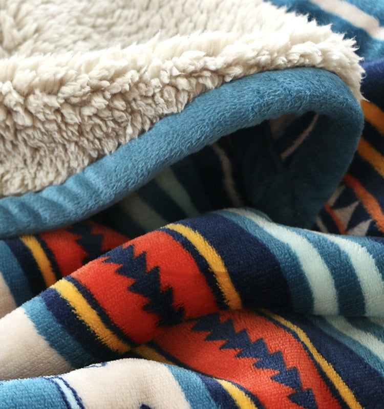 Double-Sided Geometric & Plush Throw Blanket - Warm 70x100cm Multi-Use Wrap(Color stripes/Back side light brown)