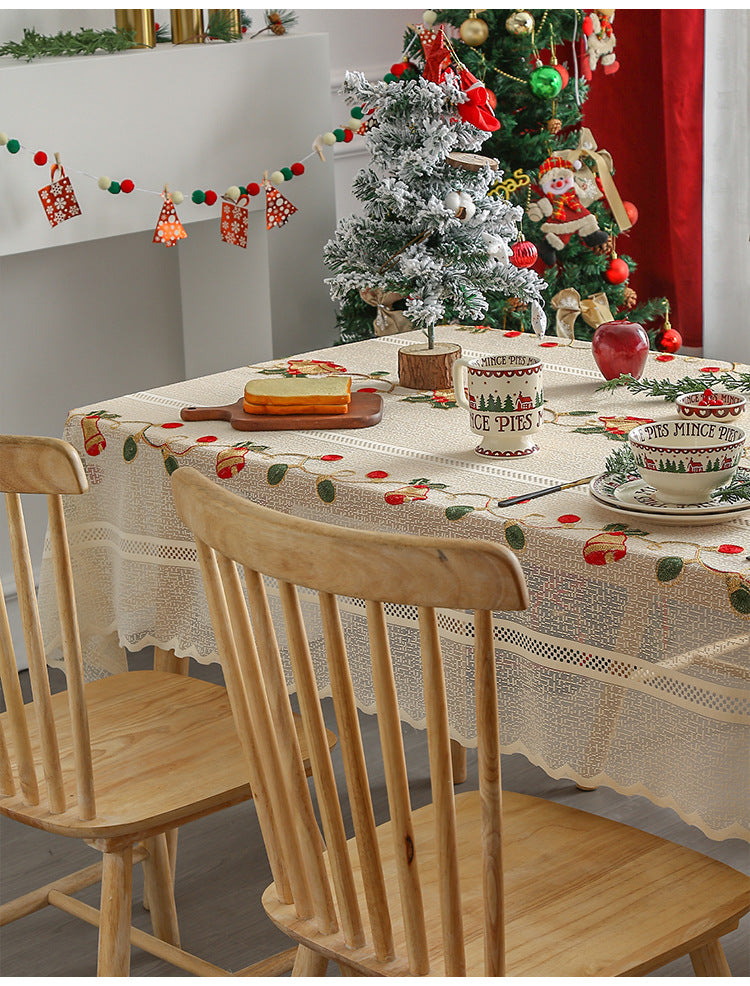 Embroidered Christmas Tablecloth - Embroidered Bells & Holly Design (140*140cm) Tristar Online
