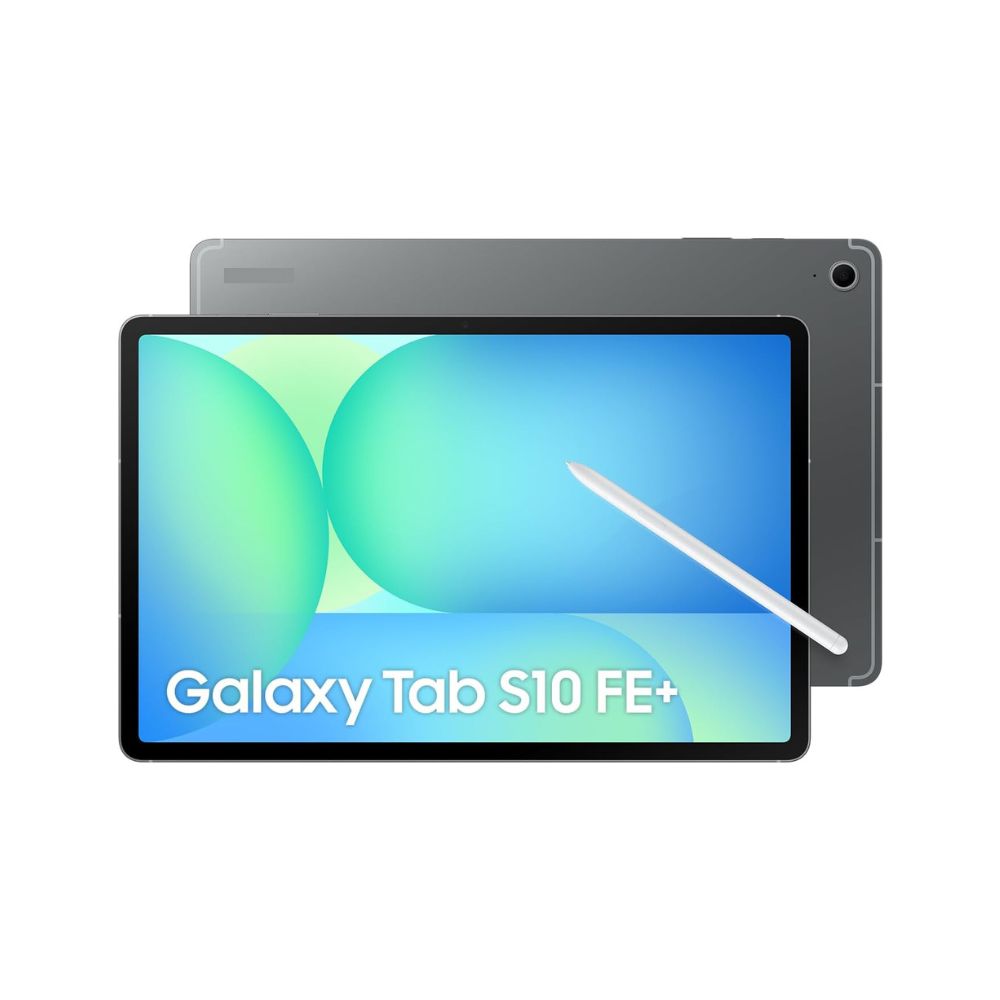 Samsung Galaxy Tab S10 FE+ front view showing 13.1‑inch display with slim bezels and home screen