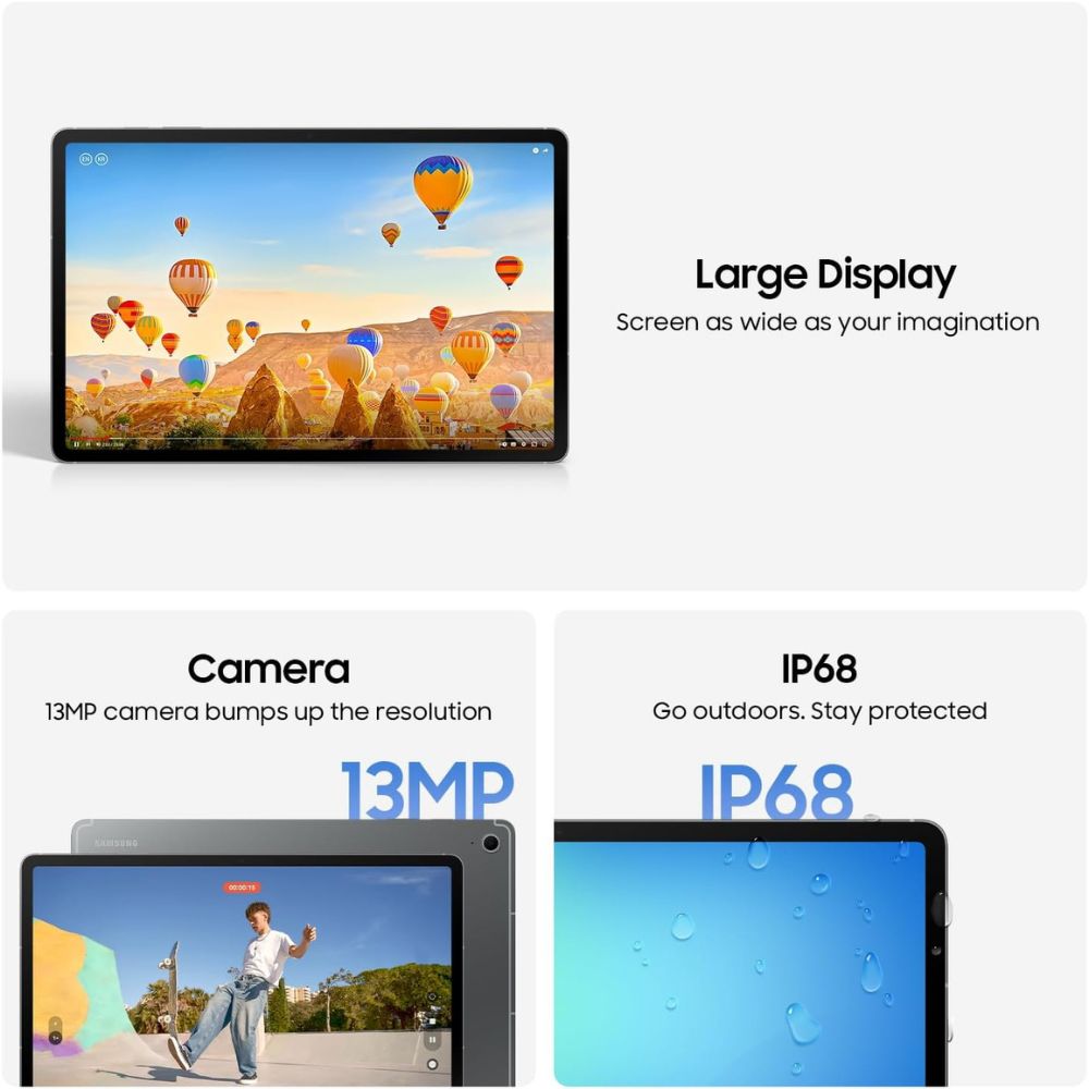 Side profile of Galaxy Tab S10 FE+ highlighting slim aluminium frame and flat edges.