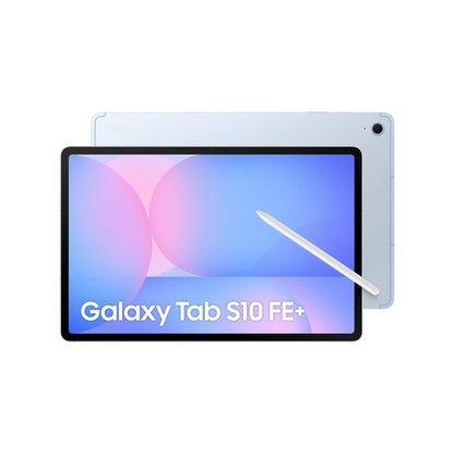 Samsung Galaxy Tab S10 FE+ Plus Light Blue front view showing 13.1‑inch display with home screen icons.