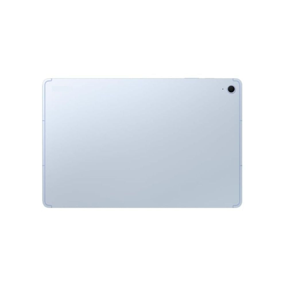 Angled shot of Galaxy Tab S10 FE+ Light Blue highlighting slim 6 mm profile and thin bezels.