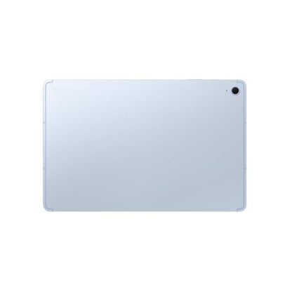 Angled shot of Galaxy Tab S10 FE+ Light Blue highlighting slim 6 mm profile and thin bezels.