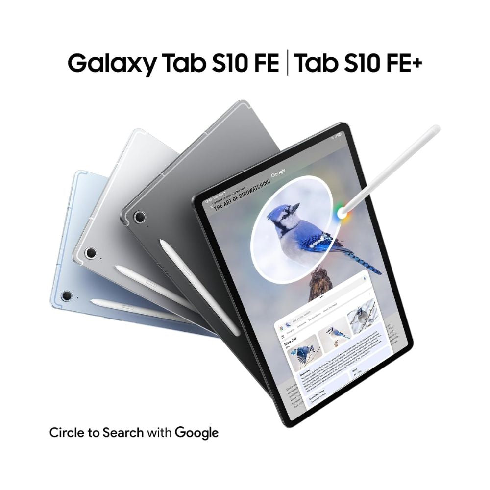 Top‑down view of Galaxy Tab S10 FE+ Light Blue displaying split‑screen with video and notes app.
