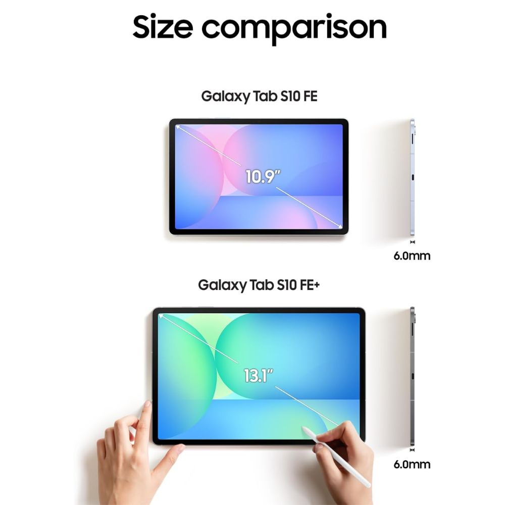 Samsung Galaxy Tab S10 FE+ Plus Light Blue held in hands in landscape mode streaming a movie.