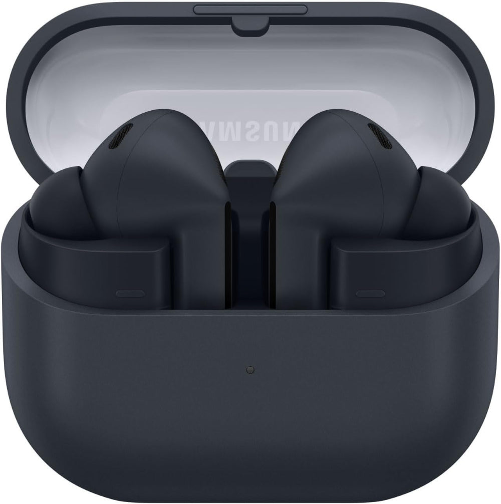 Samsung Galaxy Buds3 FE True Wireless Earbuds in Black inside the open charging case on a white background, showing the blade-style stem design.