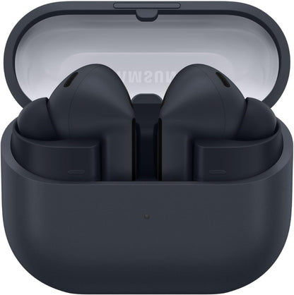 Samsung Galaxy Buds3 FE True Wireless Earbuds in Black inside the open charging case on a white background, showing the blade-style stem design.