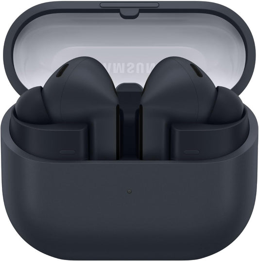 Samsung Galaxy Buds3 FE True Wireless Earbuds in Black inside the open charging case on a white background, showing the blade-style stem design.