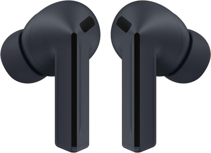 Close-up side view of Samsung Galaxy Buds3 FE Black highlighting the ergonomic in-ear fit and slim stem shape.