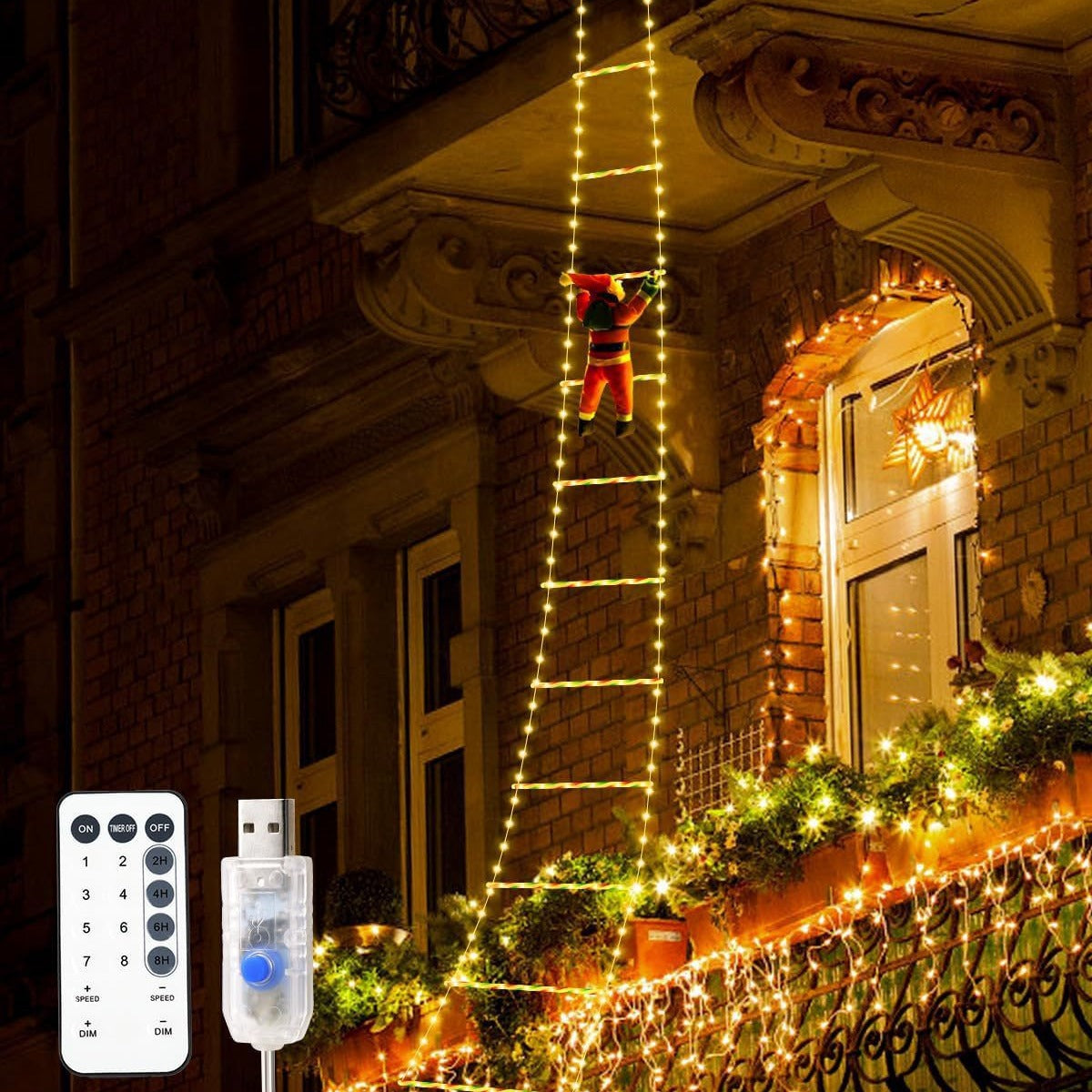 Festive Climbing Santa LED Ladder Light - USB Powered Outdoor Christmas Hanging Decoration with Remote(1.7m) Tristar Online