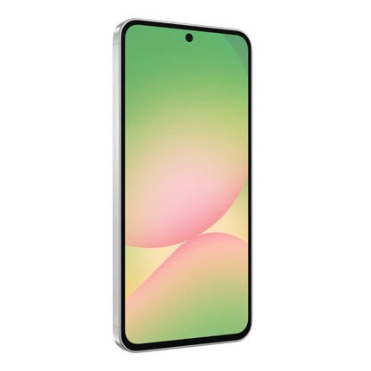 Samsung Galaxy A56 5G Awesome Lightgrey lying face up on a desk with the display on, showing a bright, colourful home screen.