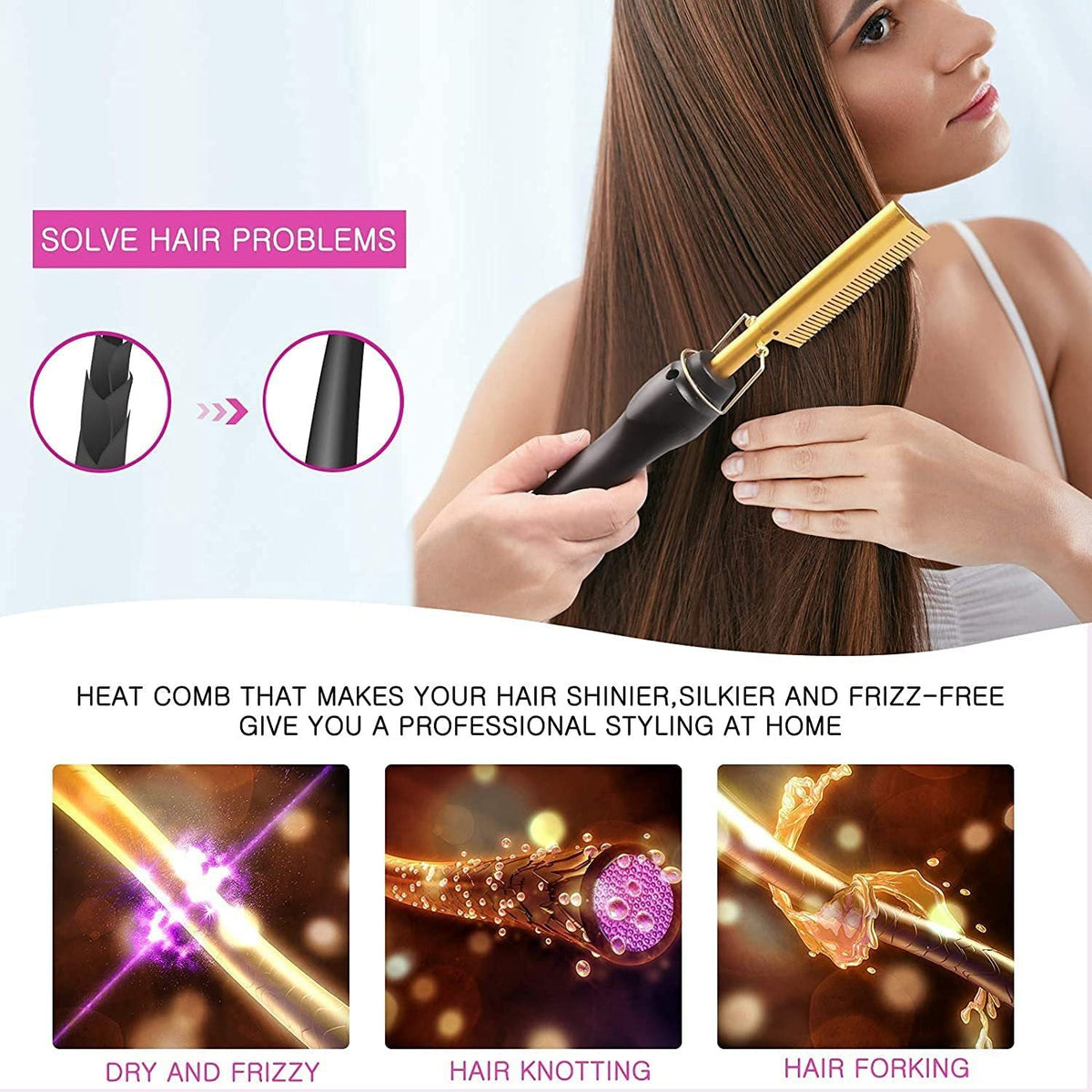 Gold and Black Electric Hot Comb Hair Straightener - Fast Heating Styling Tool with 3 Temp Settings & Anti-Scald Guard Tristar Online