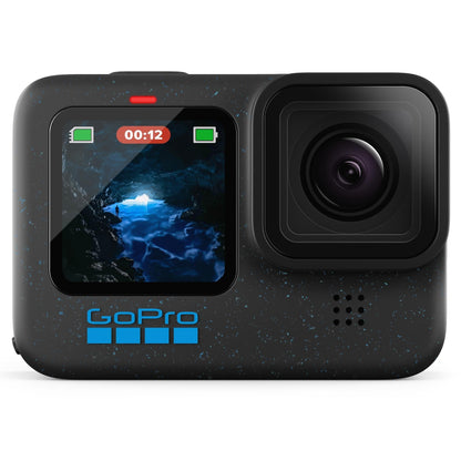Front view of GoPro HERO12 Black 5.3K HyperSmooth action camera standing upright on a white background, showing the lens and front colour screen.