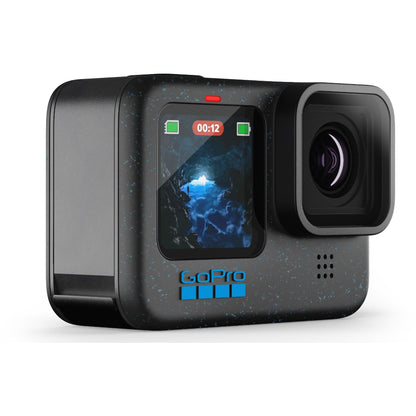 Angled three-quarter shot of GoPro HERO12 Black highlighting the 5.3K logo and compact, rugged body design.