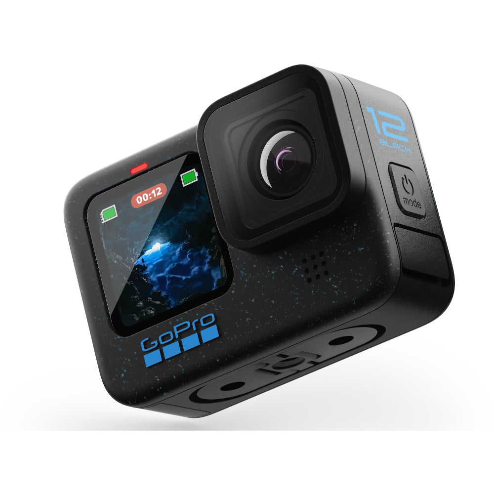 Close-up of the GoPro HERO12 Black lens and front microphone ports, emphasizing action camera build quality.