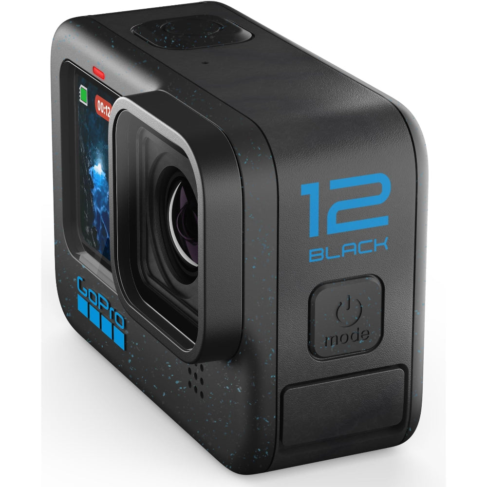 Top-down view of GoPro HERO12 Black lying flat with the 2.27-inch rear touchscreen visible and powered on.