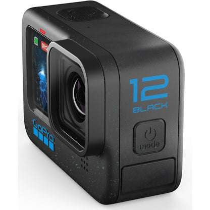 Top-down view of GoPro HERO12 Black lying flat with the 2.27-inch rear touchscreen visible and powered on.