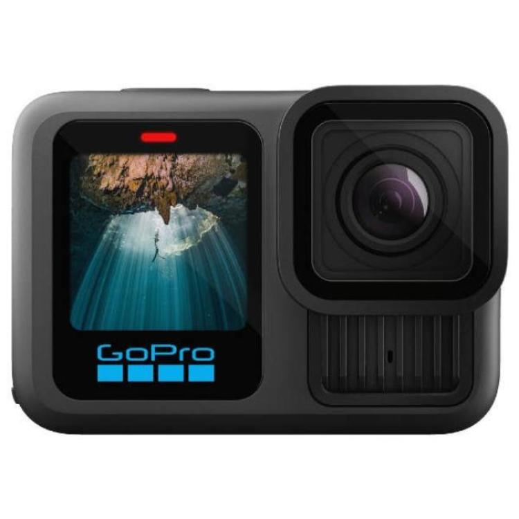 GoPro HERO13 Black action camera with front screen and rugged waterproof design.