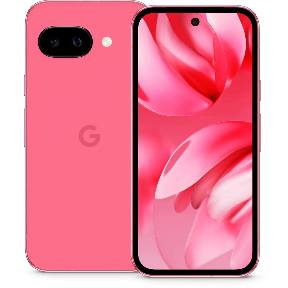 Google Pixel 9a front view showing 6.3‑inch OLED display with centred hole‑punch camera and slim bezels.