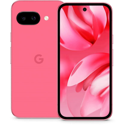 Google Pixel 9a front view showing 6.3‑inch OLED display with centred hole‑punch camera and slim bezels.