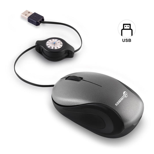 Grey and Black Portable Mini USB Mouse with Retractable Cable - Compact Travel Mouse for PC and Laptop Tristar Online