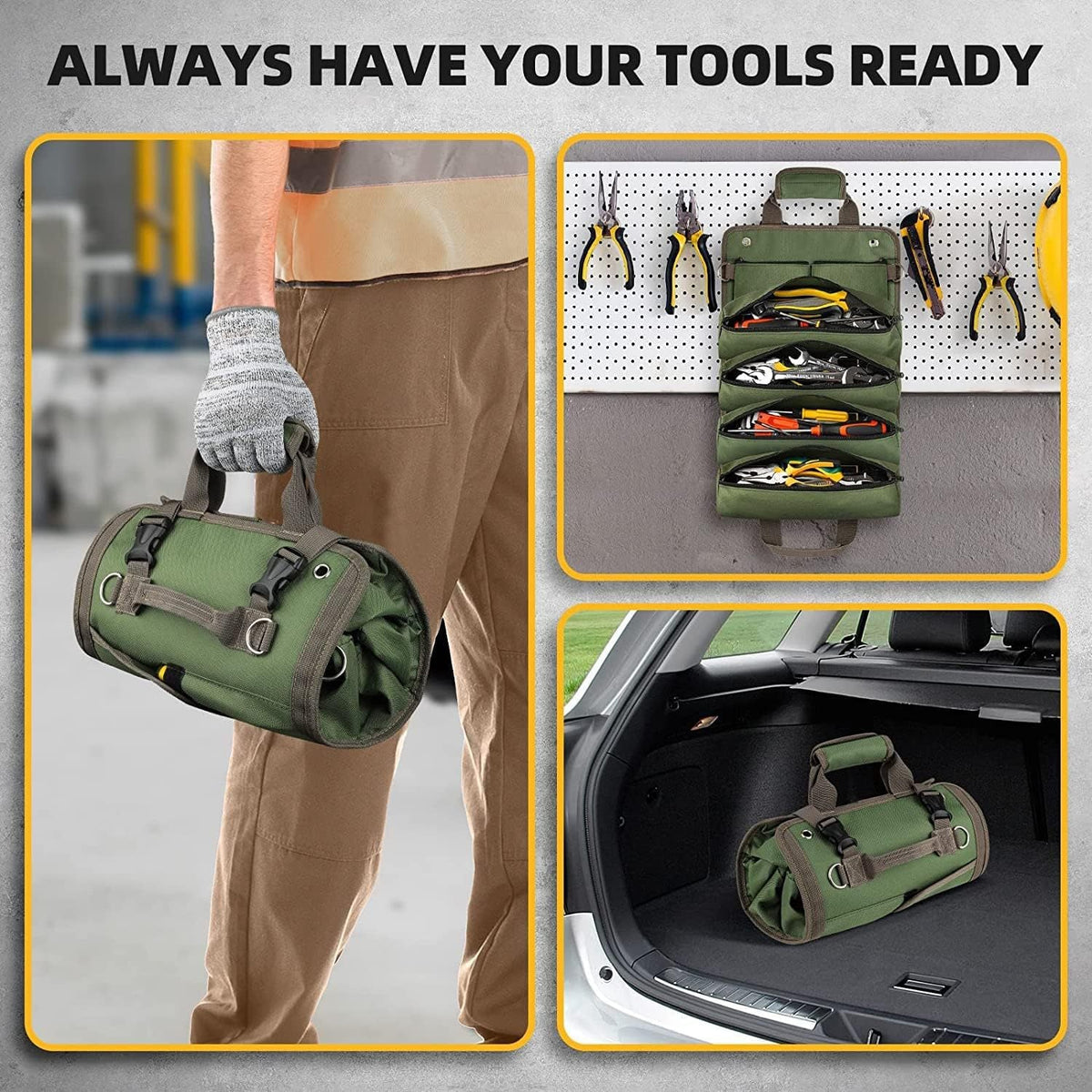 Grey Heavy Duty Roll-Up Tool Bag Organizer - Waterproof Oxford Fabric Pouch with Multiple Pockets Tristar Online