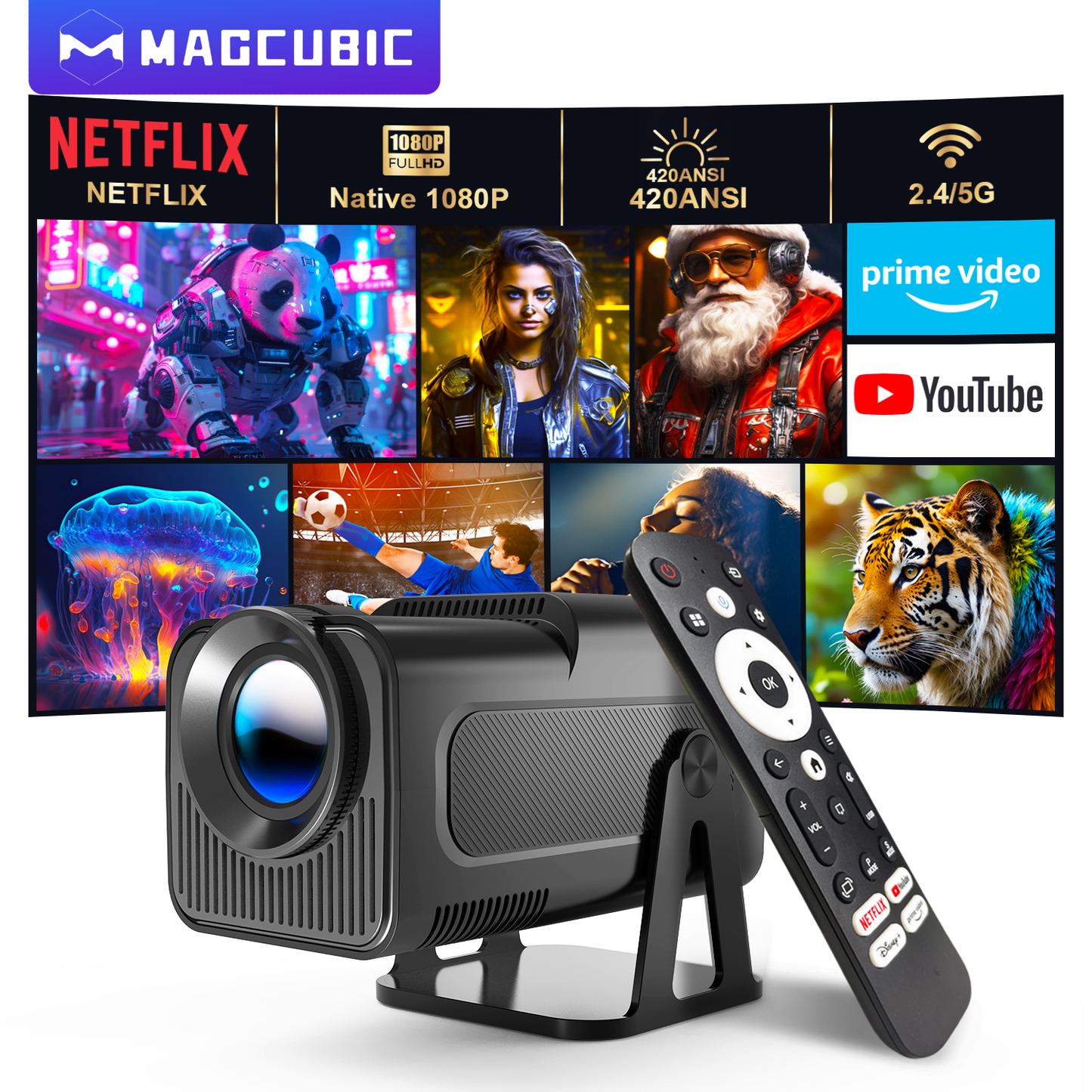 Magcubic HY320 NTV projector with tripod mount projecting onto portable screen


