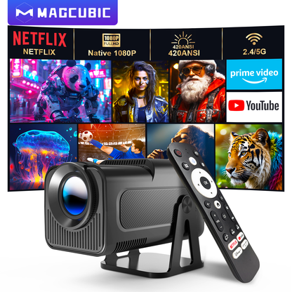 Magcubic HY320 NTV projector with tripod mount projecting onto portable screen


