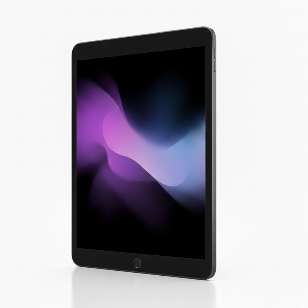 Refurbished iPad Air (Space Gray) – display on, body clean, camera and ports visible