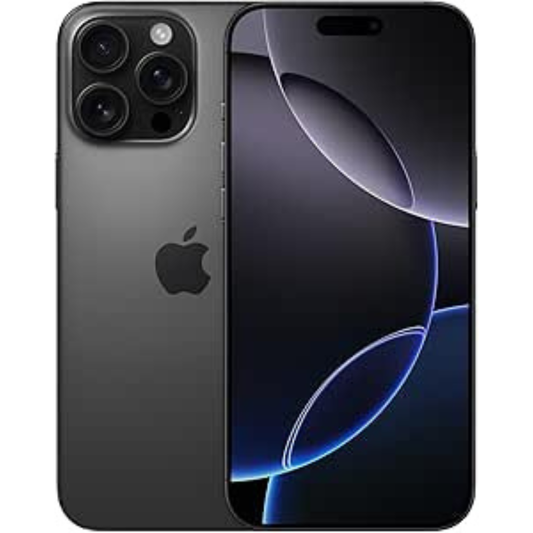 Refurbished iPhone 16 Pro Max in Black Titanium — front and back view
