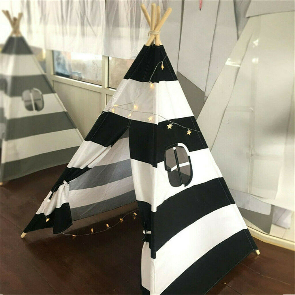 Kids Teepee Tent Linen Wood Black White Stripe Playhouse Indoor Garden Tristar Online