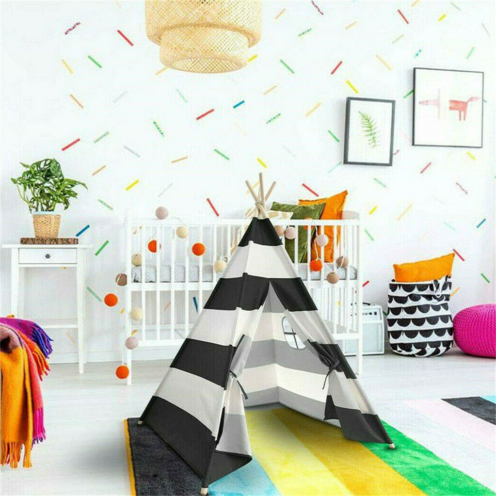 Kids Teepee Tent Linen Wood Black White Stripe Playhouse Indoor Garden Tristar Online