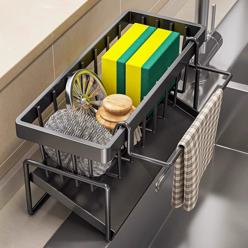 Kitchen Sink Caddy Organizer with Towel Bar & Drain Tray - Durable Metal Sponge Holder(grey) Tristar Online