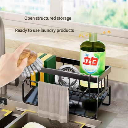 Kitchen Sink Caddy Organizer with Towel Bar & Drain Tray - Durable Metal Sponge Holder(grey) Tristar Online
