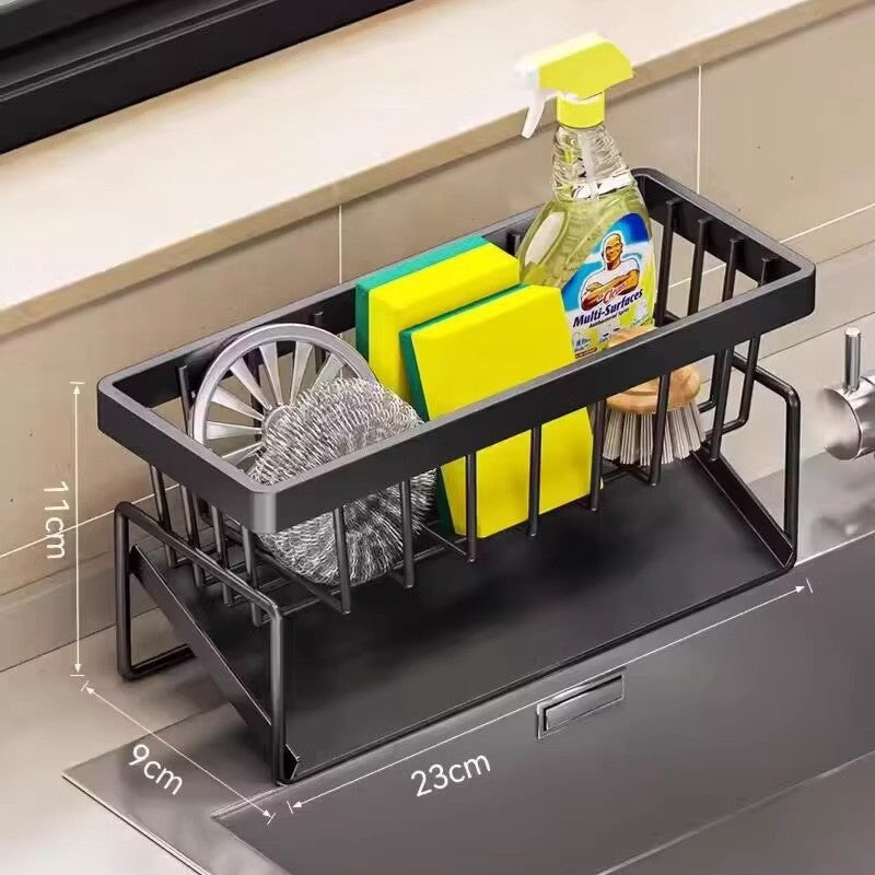 Kitchen Sink Caddy Organizer with Towel Bar & Drain Tray - Durable Metal Sponge Holder(Black) Tristar Online