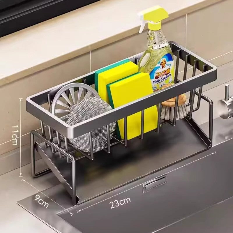 Kitchen Sink Caddy Organizer with Towel Bar & Drain Tray - Durable Metal Sponge Holder(grey) Tristar Online