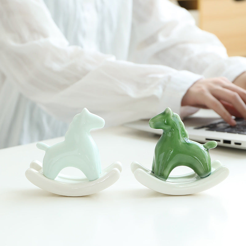 Light Green Modern Ceramic Rocking Horse Ornament - Cute Porcelain Figurine for Desk & Shelf Decor Tristar Online
